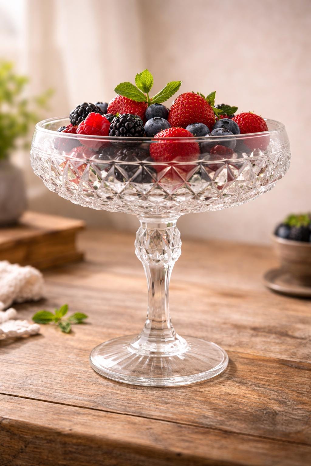 Vintage Pressed Glass Pedestal Compote Bowl Diamond Point Glass Candy Dish 7”