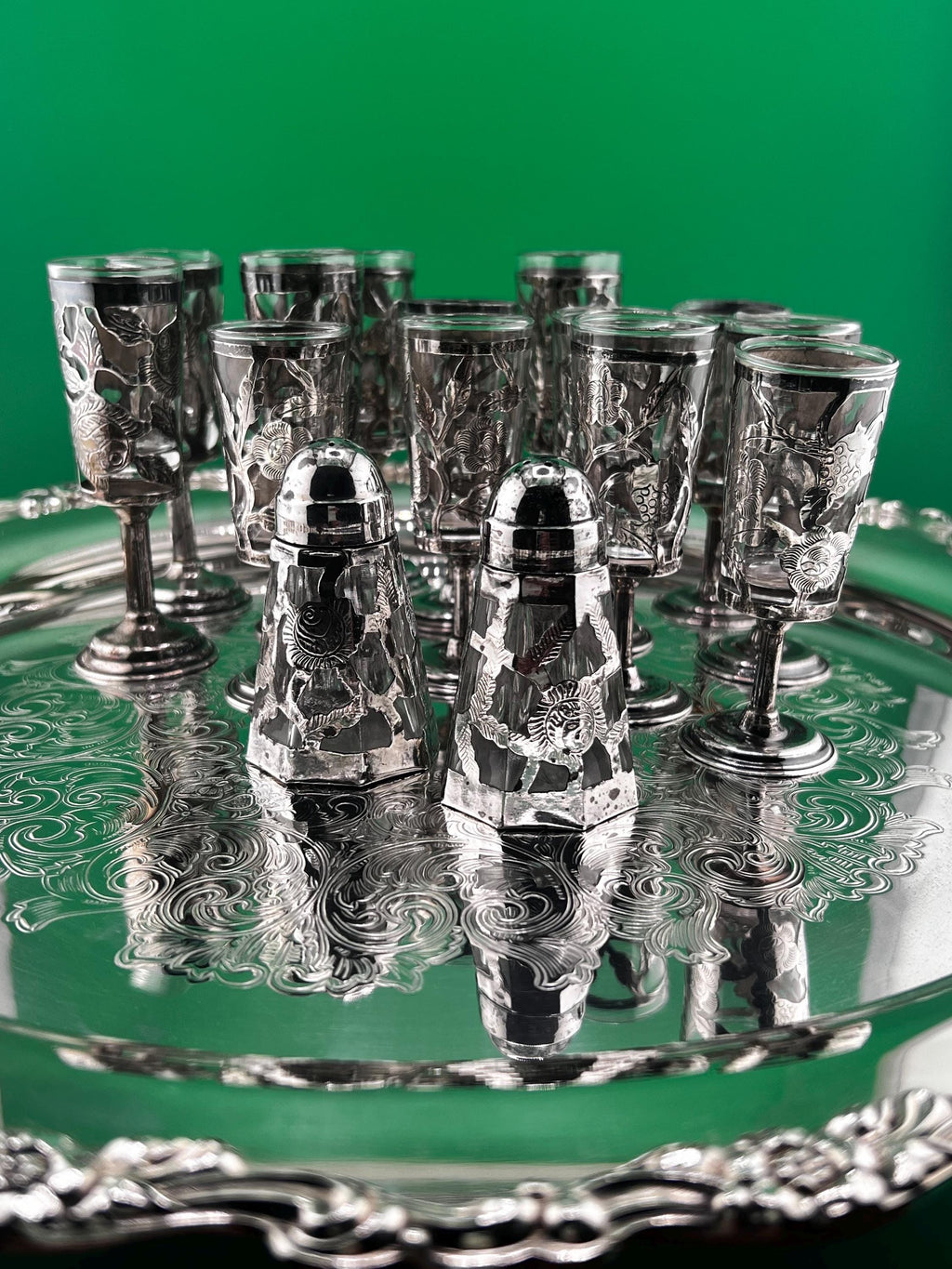 15 Pc Sterling Silver Cordial Glass Set 13 Cordials 925 + Salt Pepper Overlay Floral Cutwork Vintage Mid Century Barware shot glasses